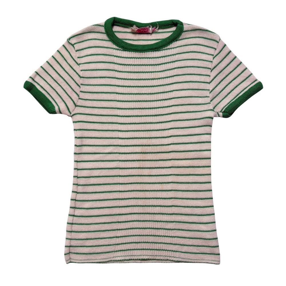VTG 60’s 70’s Groovy Striped Ribbed Knit Baby Tee Women’s S Green White